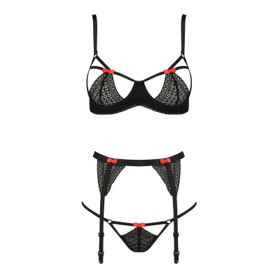 Комплект білизни PERDITA SET black L/XL - Passion Exclusive: стрепи: ліф, стрінги і пояс для панчох