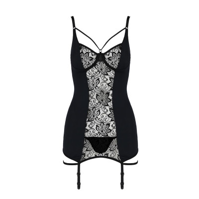 Сорочка приталена з пажами PAULINE CHEMISE black L/XL Passion, трусики