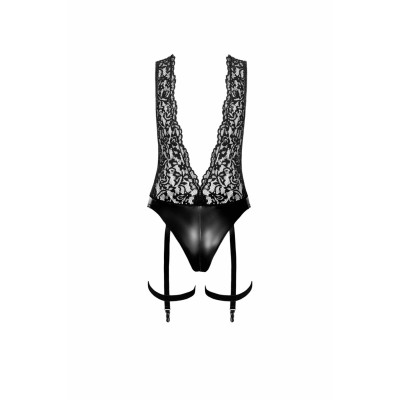 Боді Noir Handmade F297 Libido Deep-V bodysuit with collar, pearl chain and garter - XL
