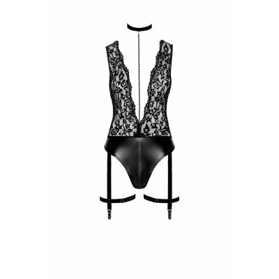Боді Noir Handmade F297 Libido Deep-V bodysuit with collar, pearl chain and garter - 3XL