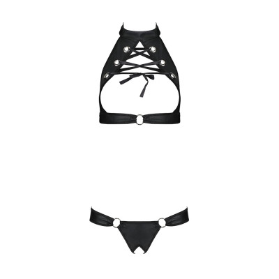 Комплект: відкритий топ та трусики з екошкіри з люверсами Malwia Set with Open Bra black XXL/XXXL —