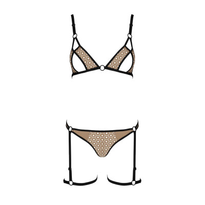 Еротичний комплект спідньої білизни Passion GABI SET L/XL beige, трусики з гартерами