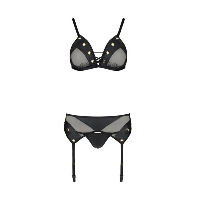 Комплект білизни Passion NESSY SET L/XL black, бюстгальтер, пояс для панчіх, стрінги