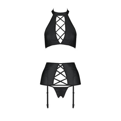 Комплект з еко-шкіри з імітацією шнурівки Nancy Set black L/XL - Passion топ, трусики та пояс для па
