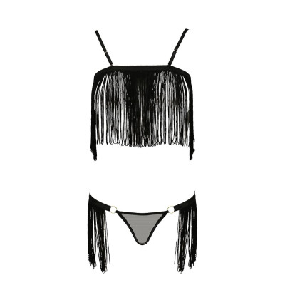 Комплект білизни KASSANDRA SET OpenBra black S/M - Passion Exclusive: ліф з бахроми, трусики-спідниц