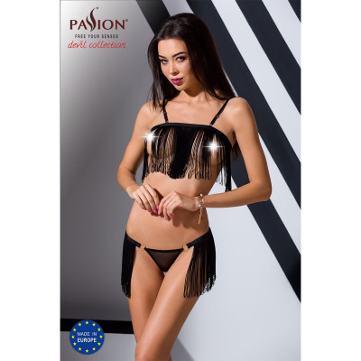 Комплект білизни KASSANDRA SET OpenBra black S/M - Passion Exclusive: ліф з бахроми, трусики-спідниц