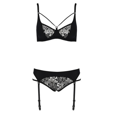 Комплект білизни PAULINE SET black L/XL Passion: стрепи: ліф, стрінги і пояс для панчох