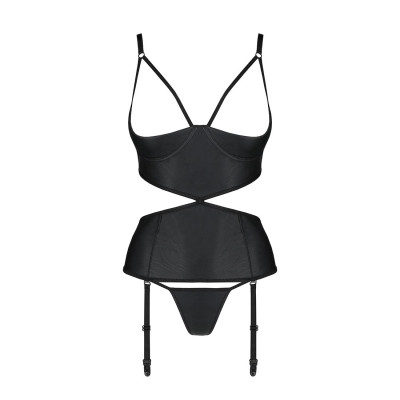 Корсет з відкритими грудьми Passion JANNIES CORSET S/M black, стрінги в наборі
