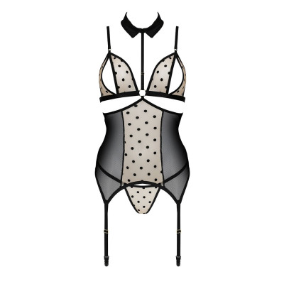 Корсет з відкритими грудьми Passion DOMINICA CORSET L/XL beige, пажі для панчіх, стрінги
