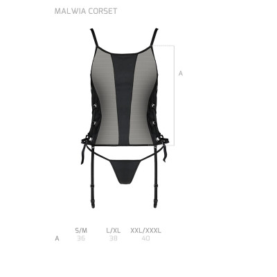 Сітчастий корсет з екошкіри, з люверсами та знімними пажами Malwia Corset black S/M — Passion, стрін