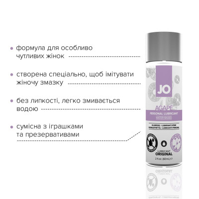 Розпродаж!!! Змазка на водній основі JO AGAPE — ORIGINAL (60 мл) (термін 09.2025)
