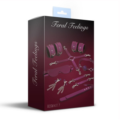 Набір Feral Feelings BDSM Kit 7 Burgundy, наручники, поножі, конектор, маска, паддл, кляп, затискачі