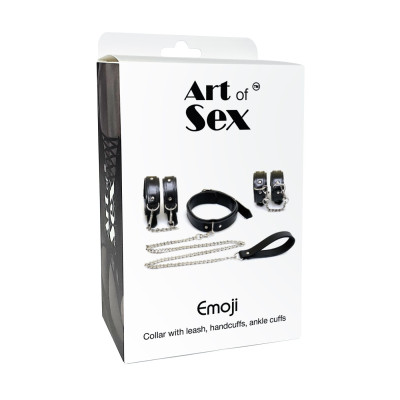 BDSM набір з 3х елементів Art of Sex - Emoji, наручники, поножі, нашийник з повідцем, Еко шкіра, кол