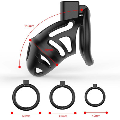 Клітка для пеніса LOCKINK SEVANDA Plastic Penis Chastity Cage, чорна, 3 кільця різних розмірів
