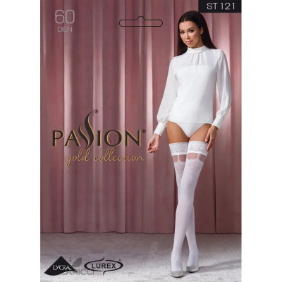 Панчохи Passion ST121 3/4 білі, на ажурній силіконовій резинці, з квітковим орнаментом та вертикальн