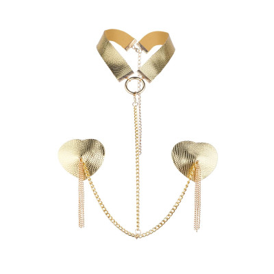 Пестис-сердечка з пензликами та чокером JSY Nipple Sticker RT236114 Golden