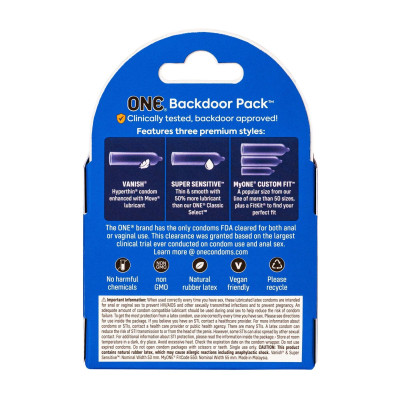 Презервативи ONE Backdoor 3 шт, картонна коробка (м'ята упаковка!!!)