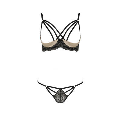 Комплект білизни VALERY SET OpenBra black S/M - Passion Exclusive: стрепи: трусики, відкритий ліф