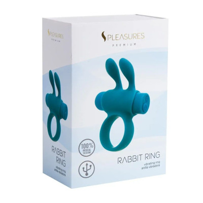 Ерекційне віброкільце S Pleasures Premium Rabbit Ring бірюзове, зі знімною віброкулею та вушками