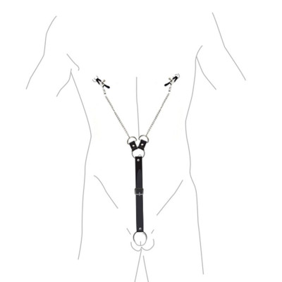 Затискачі для сосків з фіксацією на мошонці Nipple Clamps for Men, Еко шкіра Затискачі для сосків з фіксацією на мошонці Nipple Clamps for Men, Еко шкіра